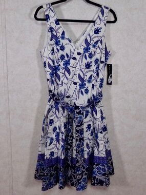 NWT Nine West Blue Combo Dress, Lined, VNeck & Back, Slight Streatch,Bk Zip Sz14